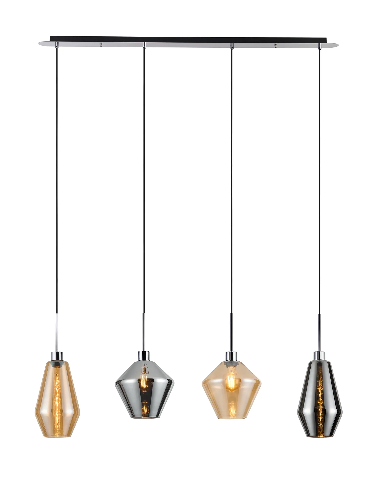 DK1328  Lori Linear Pendant, 4 Light Adjustable E27, Polished Chrome/Amber/Chrome Diamond Kite Shades
